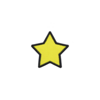Bright yellow star patch with black outline is displayed on plain background, symbolizing achievement or decoration. simple design is eye catching and versatile png