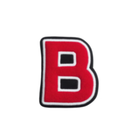Red letter B patch with white and black outline, isolated on transparency background. bold design is often used for varsity jackets or team apparel, adding sporty and classic touch png