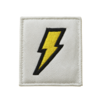 Square fabric patch features bold yellow lightning bolt outlined in black, set against transparency background. design is simple yet striking, conveying energy and power png
