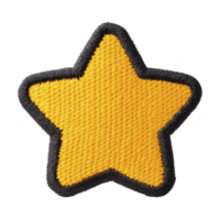 Yellow star shaped embroidered patch with black border, perfect for adding playful touch to clothing or accessories. vibrant design stands out, making it ideal for customization png