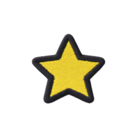 Yellow star patch with black border, often used for decoration or as emblem on clothing and accessories. design is simple and bold, making it versatile addition to various items png