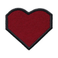 Red heart shaped patch with black border, symbolizing love and affection, is depicted in this image. textured fabric design adds tactile quality, making it suitable for clothing or accessories png
