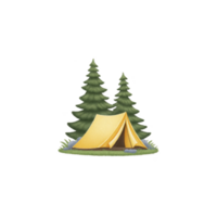 Yellow tent is set up in serene forest scene with two tall evergreen trees, surrounded by grass and small rocks, evoking sense of adventure and tranquility png