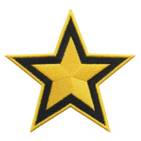 Yellow and black embroidered star patch with bold outline, perfect for adding decorative touch to clothing or accessories. design is simple yet striking, ideal for customization png