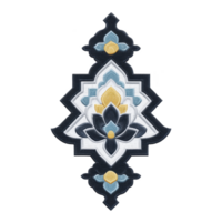 Decorative geometric pattern features symmetrical design with floral elements in shades of blue, yellow, and white, creating harmonious and elegant motif png