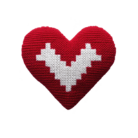 Red crocheted heart with white pixelated arrow design in center, symbolizing love and affection. handmade texture adds cozy and warm feel, perfect for Valentine Day or romantic themes png