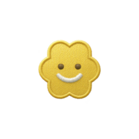 Cute, embroidered yellow flower with smiling face, featuring simple and cheerful design on transparent background. Perfect for adding touch of happiness to any project png
