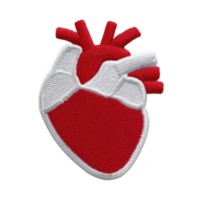 Vibrant embroidered patch depicting stylized anatomical heart red and white, showcasing intricate stitching details. design is bold and eye catching, perfect for adding unique touch to clothing png