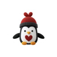 Cute penguin plush toy wearing red hat with heart design on its chest, isolated on transparency background. toy soft texture and adorable expression make it perfect for gifting png