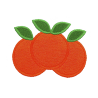 Three embroidered orange fruits with green leaves are depicted in simple, colorful design. stitching detail adds texture, creating playful and vibrant appearance png