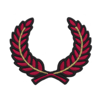 Red and gold embroidered laurel wreath patch, symbolizing victory and achievement, is displayed on transparency background. intricate stitching highlights classic design png