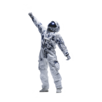Astronaut in white and blue spacesuit stands triumphantly with one arm raised, evoking sense of achievement and exploration. suit features digital camouflage pattern png