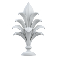 White, ornate, decorative finial with floral design, resembling stylized acanthus leaf, stands elegantly on pedestal. intricate detailing and symmetrical form evoke sense of classical architecture png
