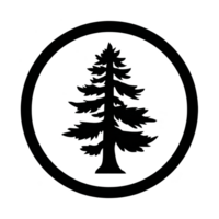 Silhouette of pine tree is centered within circular border, creating simple and bold design. black and white contrast emphasizes tree shape, evoking sense of nature and tranquility png