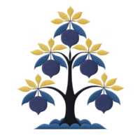 Stylized tree design features blue and yellow leaves with blue fruits, creating symmetrical and artistic pattern. tree has dark trunk and decorative base, giving it modern and abstract appearance png