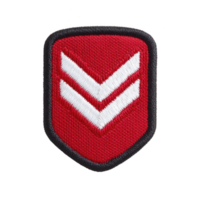 Red embroidered patch with two white chevrons, outlined in black, symbolizing rank or achievement. design is simple and bold, often used in military or organizational contexts png