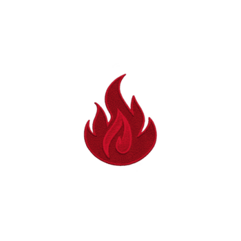 Red flame patch with stylized design, featuring bold lines and vibrant color, is set against plain background. patch conveys sense of energy and intensity png