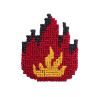 This features colorful embroidered patch depicting stylized flame design with red, yellow, and black threads. patch has textured, woven appearance, adding handmade feel png