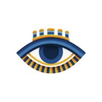This features stylized eye design with blue and yellow colors, resembling ancient Egyptian art. eye is detailed with geometric patterns and bold lines, creating striking visual effect png