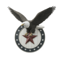 Majestic bald eagle with outstretched wings is perched on circular emblem featuring red star and white stars on blue background, symbolizing strength and freedom png