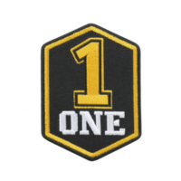 Patch with bold yellow number one and word ONE below it, outlined in yellow on transparency background, symbolizing unity or leadership png