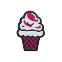 Embroidered patch of pink and white ice cream cone with smiling face, featuring waffle pattern on cone. design is outlined in black, giving it playful and cheerful appearance png