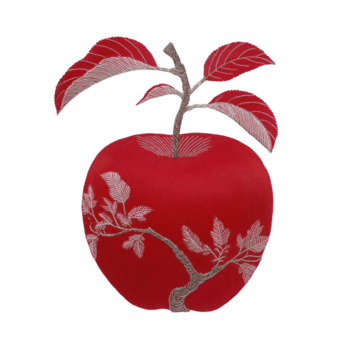 vivace rosso Mela con intricato ricamo di rami e foglie, la creazione di unico e artistico design. dettagliato Cucitura Aggiunge struttura e eleganza per frutta aspetto png