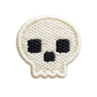 White embroidered skull patch with black eyes and nose, featuring simple and playful design. patch is suitable for clothing decoration or crafting projects png