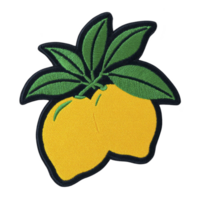 Vibrant embroidered patch features two bright yellow lemons with green leaves, showcasing intricate stitching and playful design. Perfect for adding touch of citrus flair to clothing png