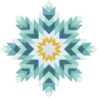 This features geometric snowflake design with intricate patterns shades of blue, teal, and yellow, creating symmetrical and visually appealing motif. design resembles embroidery or quilt pattern png