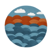 Circular illustration features pattern of overlapping blue and orange semicircles resembling waves or hills, with small white clouds above, creating serene and abstract landscape png