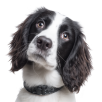 Cute black and white dog with floppy ears and curious expression looks directly at camera. dog head is slightly tilted, adding to its endearing appearance png