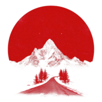 Surreal landscape features red sun setting behind snow capped mountains, with road leading through red tinted trees, creating striking contrast png