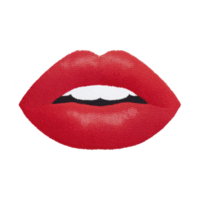 Vibrant red lips patch with playful expression, featuring white teeth and transparency background. design is bold and eye catching, perfect for fashion embellishments png