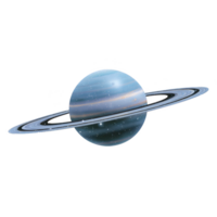 Digitally rendered image of blue planet with rings, resembling Saturn, set against transparent background. planet surface features swirling patterns and subtle glow png