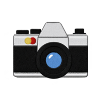 Digital illustration of vintage camera with blue lens and colorful buttons, showcasing retro design. image has textured, embroidered appearance, adding unique artistic touch png