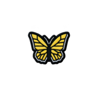 Vibrant yellow butterfly patch with black outlines and intricate wing patterns, set against plain background, evokes sense of nature and transformation png