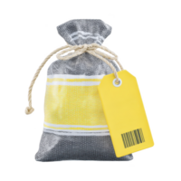 Small burlap sack with yellow label attached by string, featuring barcode. sack is tied with rope, giving it rustic and simple appearance png