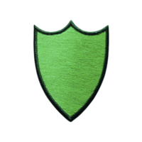 Green embroidered shield patch with black border, symbolizing protection and security, is displayed on transparency background. texture and color give it vibrant and sturdy appearance png