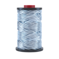 Spool of shiny silver thread with red top and black base, showcasing tightly wound, metallic appearance. thread reflective surface gives it sleek, modern look png