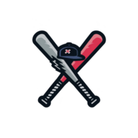 Two crossed baseball bats with cap in center create dynamic sports emblem. bats are silver and red, adding contrast and energy to design png