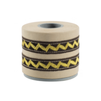 Roll of beige fabric tape with decorative yellow zigzag patterns and brown accents, used for crafting or sewing projects. design adds stylish touch to various creative applications png