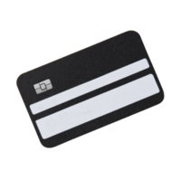 Black credit card with chip and two white magnetic stripes is shown on transparency background. card is angled slightly, highlighting its sleek design png