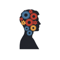 Silhouette of human head filled with colorful gears symbolizes concept of thinking, creativity, and problem solving. gears in red, blue, and yellow represent mind complex processes png