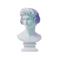 Classical white marble bust wearing modern purple headphones, blending ancient art with contemporary technology. statue expression is thoughtful, creating unique fusion of past and present png