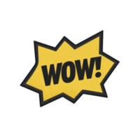 Yellow comic style speech bubble with word WOW in bold black letters conveys excitement and surprise. jagged edges add dynamic, energetic feel png