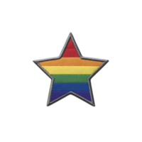 Star shaped patch with rainbow stripes symbolizes LGBTQ pride and inclusivity. vibrant colors create sense of unity and celebration png