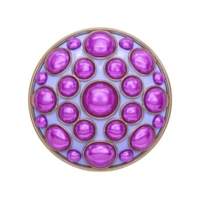 Circular design features multiple purple gemstones set in gold frame against light blue background, creating elegant and luxurious appearance png