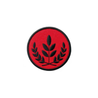Red circular patch features black laurel wreath design, symbolizing victory and honor. simple yet bold design stands out against red background png