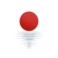 Red circle resembling sun is reflected on calm water surface, creating serene and minimalist design. image evokes tranquility and balance png